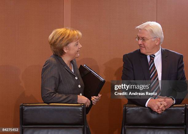 German Foreign Minister and Vice Chancellor Frank-Walter Steinmeier and German Chancellor Angela Merkel attend the weekly German government cabinet...