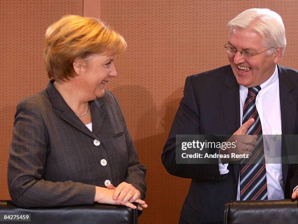 German Foreign Minister and Vice Chancellor Frank-Walter Steinmeier and German Chancellor Angela Merkel attend the weekly German government cabinet...