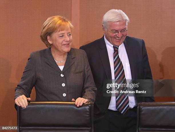 German Foreign Minister and Vice Chancellor Frank-Walter Steinmeier and German Chancellor Angela Merkel attend the weekly German government cabinet...