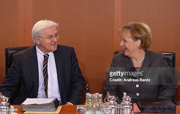 German Foreign Minister and Vice Chancellor Frank-Walter Steinmeier and German Chancellor Angela Merkel attend the weekly German government cabinet...