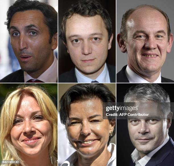 This combination of pictures created on September 05, 2017 shows portraits of members of the France's right-wing Les Republicains party, and...