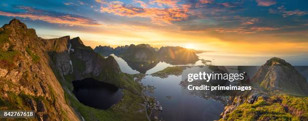 panoramic view of lofoten islands in norway with sunset scenic - nordland county stock pictures, royalty-free photos & images