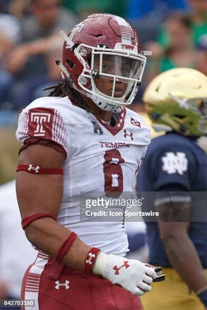 Temple Owls defensive lineman Sharif Finch looks on during the NCAA football game between the Notre Dame Fighting Irish and the Temple Owls at Notre...