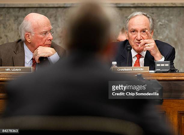 Senate Agriculture, Nutrition and Forestry Committee member Sen. Patrick Leahy and Chairman Tom Harkin give opening statements during the...