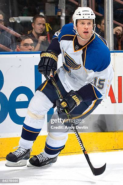 Brad Winchester of the St. Louis Blues follows the play during a game against the Edmonton Oilers at Rexall Place on January 11, 2009 in Edmonton,...