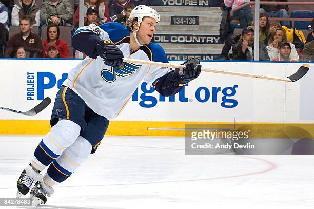 Yan Stastny of the St. Louis Blues follows the play during a game against the Edmonton Oilers at Rexall Place on January 11, 2009 in Edmonton,...