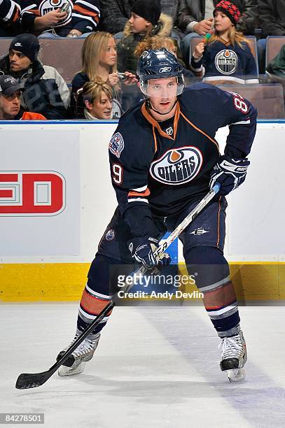 Sam Gagner of the Edmonton Oilers warms up before a game against the St. Louis Blues at Rexall Place on January 11, 2009 in Edmonton, Alberta,...