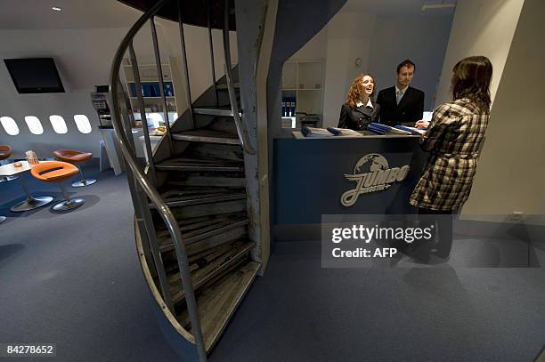 The reception area of the Jumbo Hostel is seen, reportedly the worlds first hostel in an airplane, at Arlanda airport in Stockholm on January 14,...