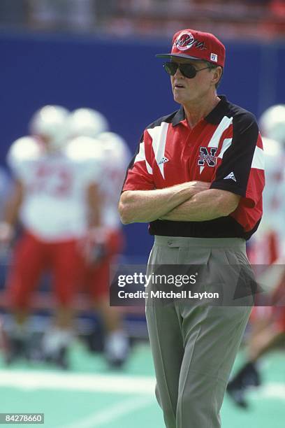 Tom Osborne, head coach of the Nebraska Cornhuskers, before a college football game against the West Virginia Mountaineers on August 31, 1994 at...