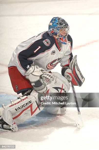 Steve Mason of the Columbus Blue Jackets skates during warm ups of a NHL hockey game against the Washington Capitals on January 9, 2009 at the...