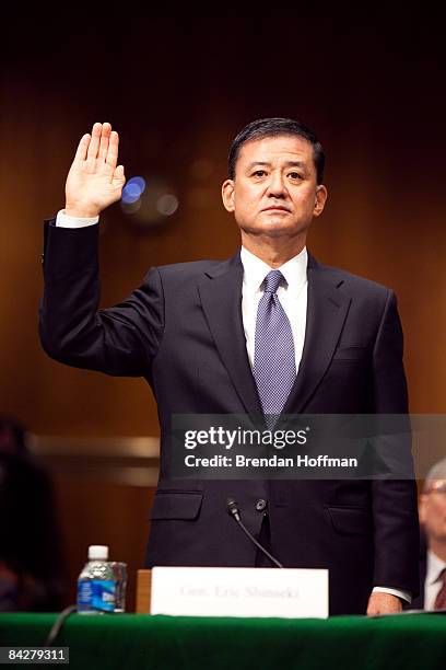 Gen. Eric Shinseki is sworn in to testify during his confirmation hearing to head the Department of Veterans Affairs on January 14, 2009 in...