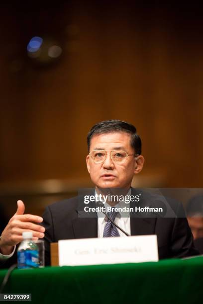 Gen. Eric Shinseki testifies during his confirmation hearing to head the Department of Veterans Affairs on January 14, 2009 in Washington, DC. The...