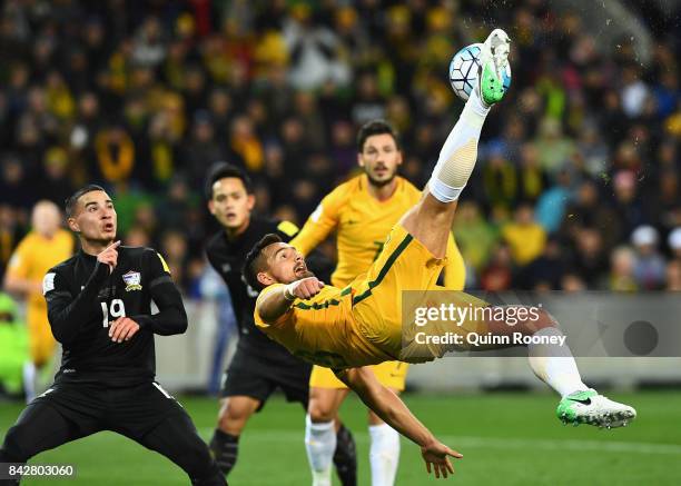 Bailey Wright of Australia kicks the ball during the 2018 FIFA World Cup Qualifier match between the Australian Socceroos and Thailand at AAMI Park...