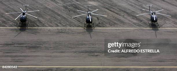 Helicopters of the Mexican Air Force stand on the tarmac of the Santa Lucia base at the Tecamac community, State of Mexico, on January 14, 2009. The...