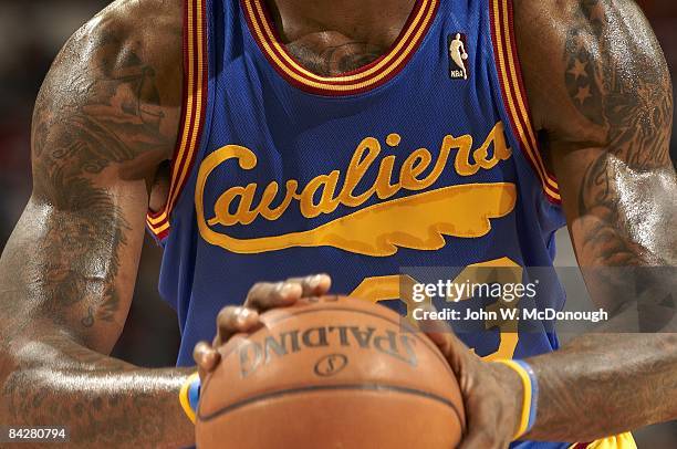 Closeup of Cleveland Cavaliers Lebron James during foul shot during game vs Boston Celtics. Excellent view of tattoos on arms. Cleveland, OH 1/9/2009...