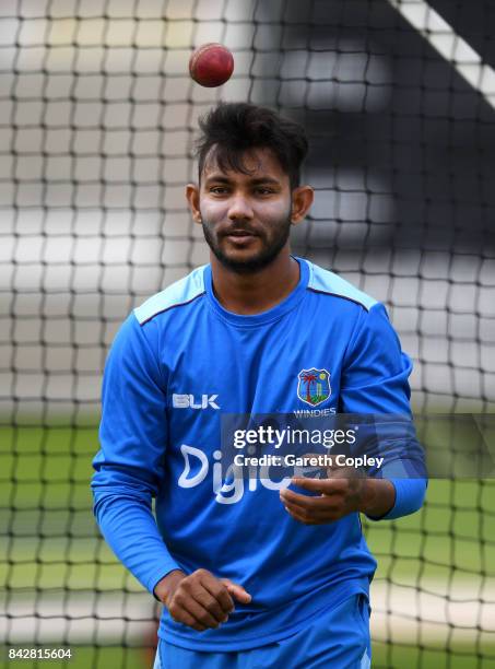 Devendra Bishoo of the West Indies prepares to bowl during a nets session at Lord's Cricket Ground on September 5, 2017 in London, England.