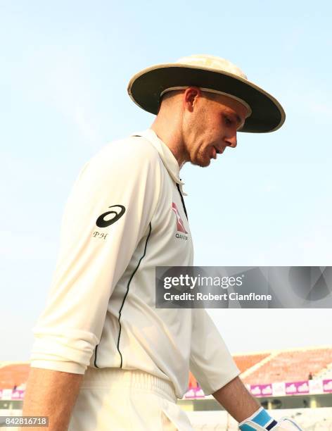 Peter Handscomb of Australia walks off the ground at the end of play during day two of the Second Test match between Bangladesh and Australia at...