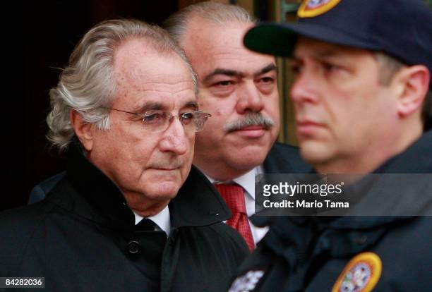 Accused financier Bernard Madoff leaves federal court January 14, 2009 in New York City. A federal judge denied another bid by prosecutors to jail...