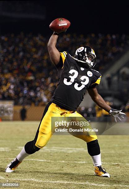 Running back Gary Russell of the Pittsburgh Steelers spikes the ball after his touchdown en route to his team's 35-24 victory over the San Diego...