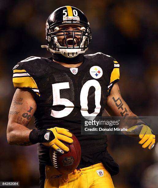 Linebacker Larry Foote of the Pittsburgh Steelers celebrates en route to his team's 35-24 victory over the San Diego Chargers during the NFL AFC...