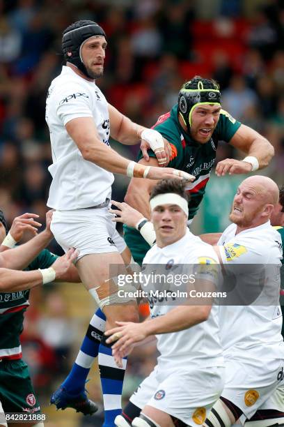 Luke Charteris of Bath Rugby competes with Graham Kitchener of Leicester Tigers during the Aviva Premiership match between Leicester Tigers and Bath...