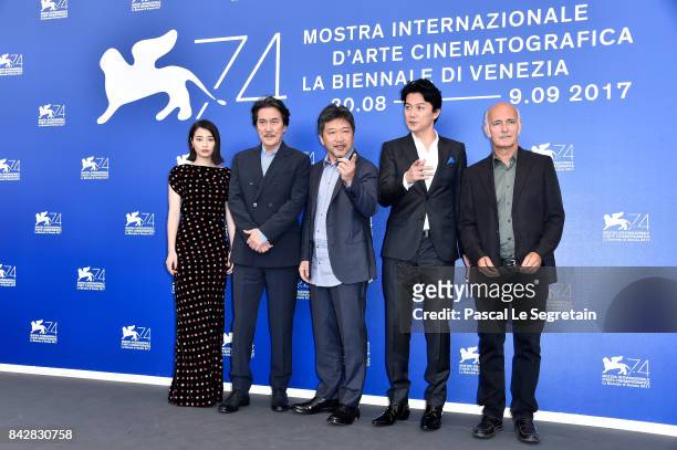 Suzu Hirose, Koji Yakusho, Hirokazu Koreeda, Masaharu Fukuyama and Ludovico Einaudi attend the 'The Third Murder ' photocall during the 74th Venice...