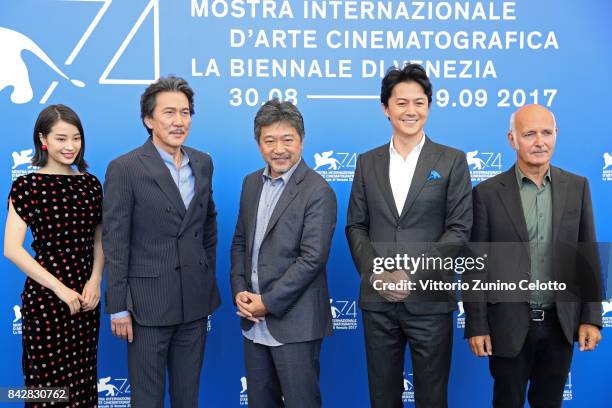 Suzu Hirose, Koji Yakusho, Hirokazu Koreeda, Masaharu Fukuyama and Ludovico Einaudi attend the 'The Third Murder ' photocall during the 74th Venice...