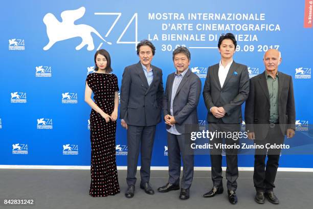 Suzu Hirose, Koji Yakusho, Hirokazu Koreeda, Masaharu Fukuyama and Ludovico Einaudi attend the 'The Third Murder ' photocall during the 74th Venice...