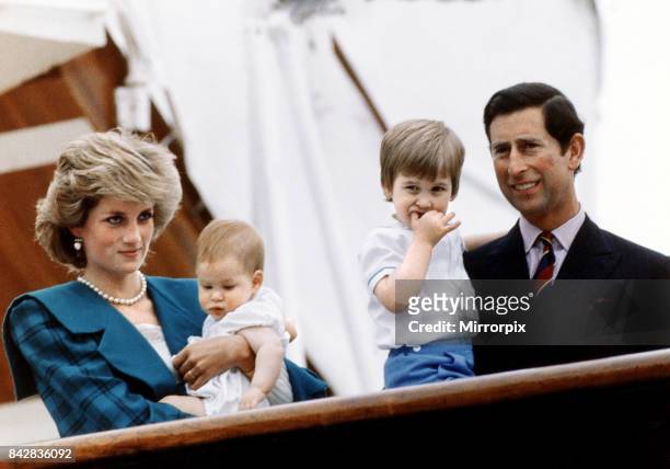 Princess Diana and Prince Charles pose with their sons Princes Harry and William on board royal yacht Britannia during their visit to Venice, Italy,...