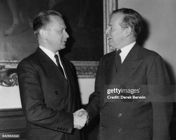 Swedish diplomat Dag Hammarskjold , Secretary-General of the United Nations, with British Foreign Secretary Selwyn Lloyd at the Foreign Office in...