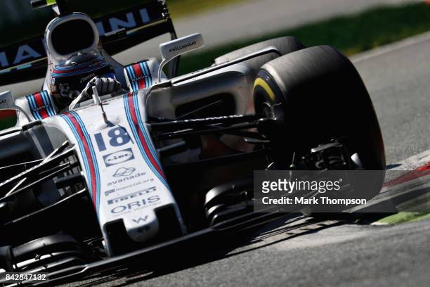 Lance Stroll of Canada driving the Williams Martini Racing Williams FW40 Mercedes on track during the Formula One Grand Prix of Italy at Autodromo di...