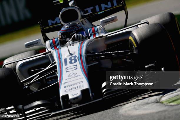 Lance Stroll of Canada driving the Williams Martini Racing Williams FW40 Mercedes on track during the Formula One Grand Prix of Italy at Autodromo di...