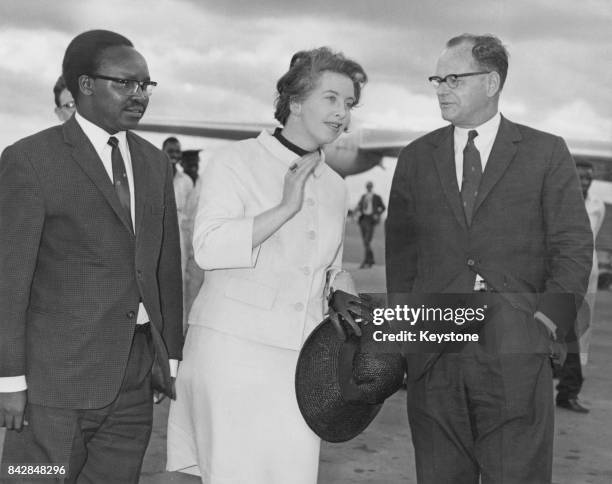 British Labour politician Judith Hart , the Minister of State for Commonwealth Affairs, arrives at Nairobi Airport in Kenya and is met by Mr Kipinge...