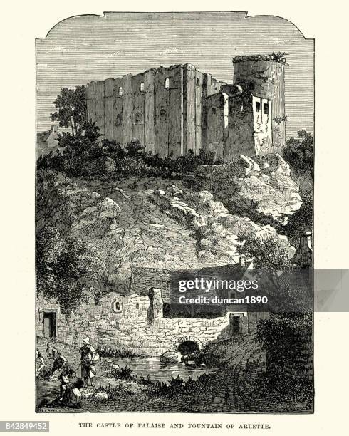 chateau de falaise and fountain of arlette - chateau de falaise stock illustrations