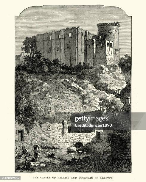 chateau de falaise and fountain of arlette - falaise normandie stock illustrations