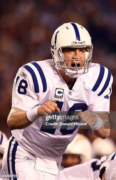 Quarterback Peyton Manning of the Indianapolis Colts calls out during his team's 23-17 sudden death overtime loss to the San Diego Chargers in the...
