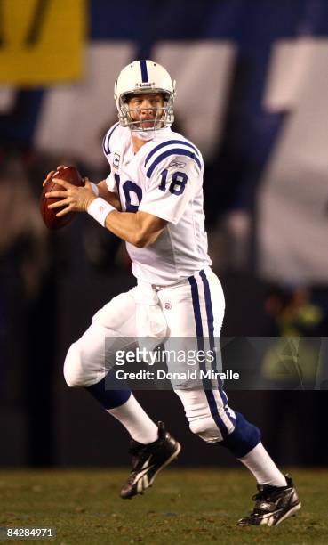 Quarterback Peyton Manning of the Indianapolis Colts runs during his team's 23-17 sudden death overtime loss to the San Diego Chargers in the NFL AFC...