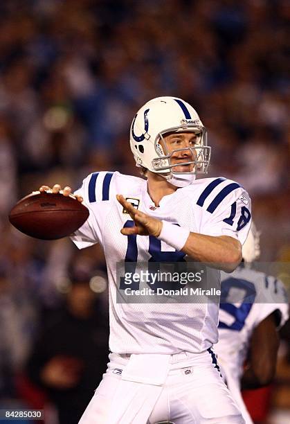 Quarterback Peyton Manning of the Indianapolis Colts throws the ball during his team's 23-17 sudden death overtime loss to the San Diego Chargers in...