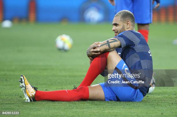 Layvin Kurzawa of France warms up before the FIFA 2018 World Cup Qualifier between France and Luxembourg at the Stadium on September 3, 2017 in...