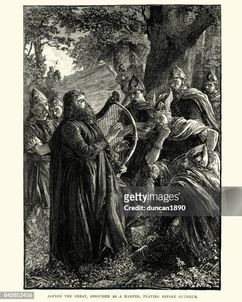 king alfred the great, disgused as a harper, before guthrum - king alfred the great stock illustrations