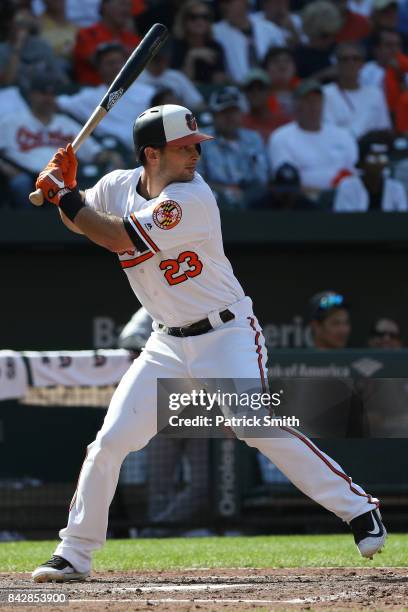 Joey Rickard Baltimore Orioles bats against the New York Yankees at Oriole Park at Camden Yards on September 4, 2017 in Baltimore, Maryland.