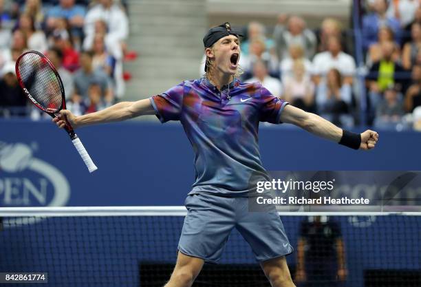 Denis Shapovalov of Canada reacts during his fourth round match against Pablo Carreno Busta of Spain on Day Seven of the 2017 US Open at the USTA...