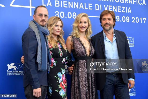 Darren Aronofsky , Michelle Pfeiffer, Jennifer Lawrence and Javier Bardem attend the 'mother!' photocall during the 74th Venice Film Festival on...