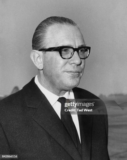 German politician Kai-Uwe Von Hassel , the Federal Minister of Defence, arrives at Northolt Airport in England for talks with Peter Thorneycroft, the...