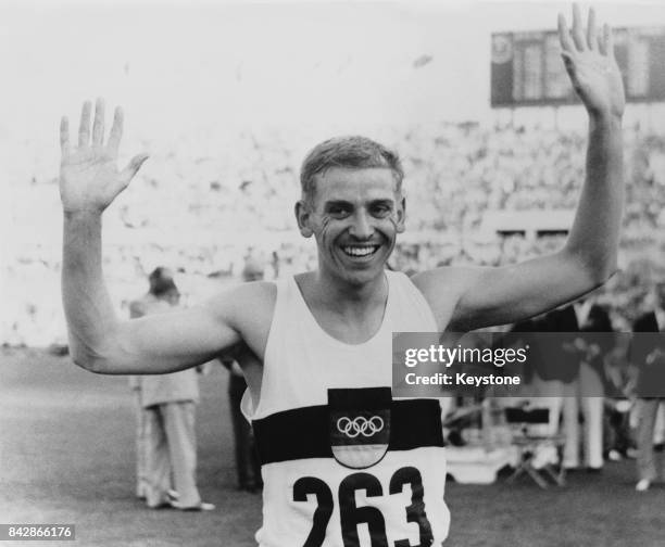 German sprinter Armin Hary after winning the 100 Metre final at the Olympics in Rome, Italy, in 10.2 seconds, 31st August 1960.