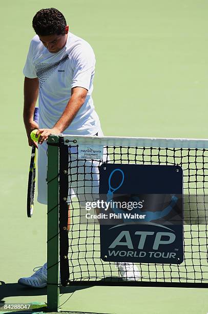 Nicolas Almagro of Spain shows his disappointment at a line call during his game against Sam Querrey of the USA during day four of the Heineken Open...