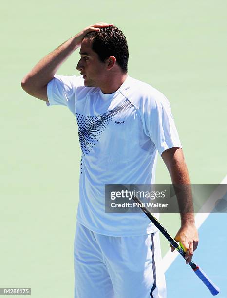 Nicolas Almagro of Spain shows his disappointment at a line call during his game against Sam Querrey of the USA during day four of the Heineken Open...