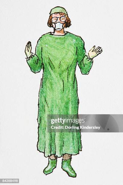 illustration of female surgeon wearing green operating gown, hat and boots, white surgical mask, and glasses - operating gown stock illustrations