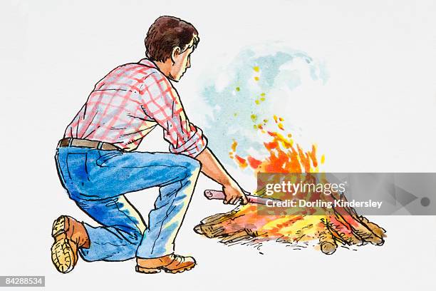 illustration of man kneeing down to stoke bonfire with stick - stokes stock illustrations