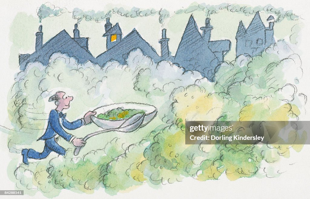 Cartoon of man running on yellowish-green smog caused by smoke from chimneys, holding over-sized bowl of pea soup and spoon